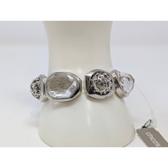 Chico's Bracelet Silver Tone Roselle Chunky Glass Crystal Stretch New - Picture 5 of 8